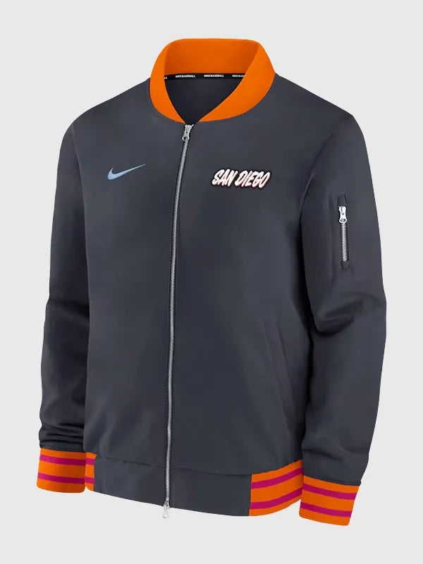 Recreated San Diego Padres Nike black and orange 2026 City Connect authentic collection full-zip bomber jacket with bold color blocking and sleek design