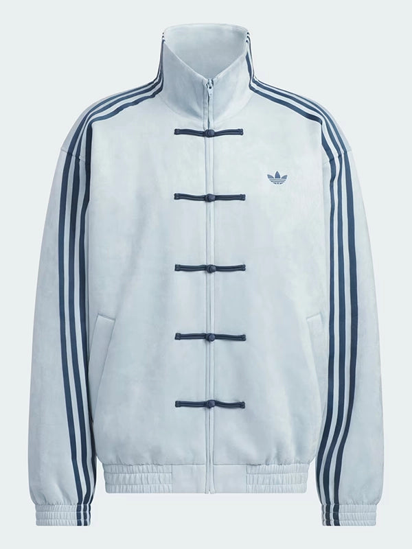 Adidas inspired 2026 Chinese New Year sky blue suede Tang jacket with modern finish