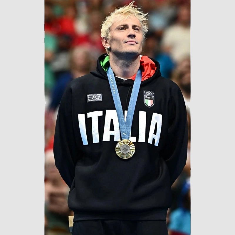 Recreated black fleece hoodie inspired by Paris Olympics Italia design with cozy pullover fit