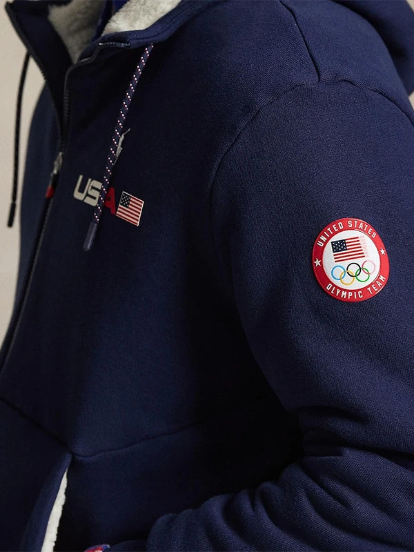 Polo Ralph Lauren navy fleece sherpa hoodie created for Team USA Milano Cortina 2026 Olympic collection
