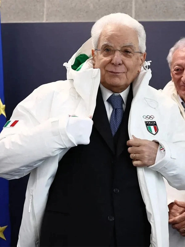 Team Italy EA7 white jacket inspired by Sergio Mattarella Milano Cortina 2026 Winter Olympic look, smooth zip front and modern fit