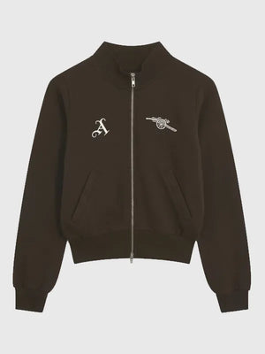 Recreated Arsenal AWFC Classics Russo 2026 brown zip-through track jacket with sleek athletic design and clean team detailing