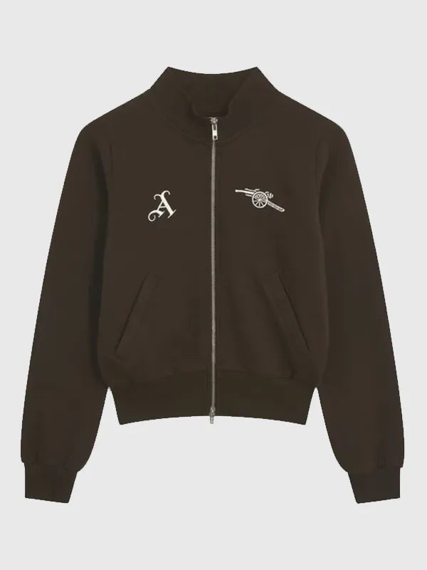 Recreated Arsenal AWFC Classics Russo 2026 brown zip-through track jacket with sleek athletic design and clean team detailing
