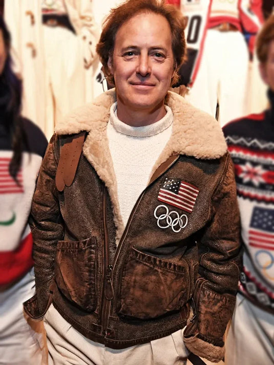 Recreated brown leather flight jacket styled after Polo Ralph Lauren Team USA 2026 Winter Olympics outerwear