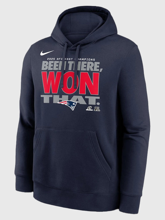 Navy Locker Room Trophy Collection fleece hoodie highlighting New England Patriots 2025 AFC East Division Championship