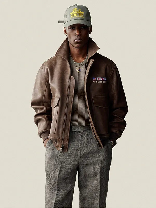 Recreated Aimé Leon Dore World’s Borough 2026 brown flight leather jacket in unisex fit with classic aviator silhouette and smooth finish