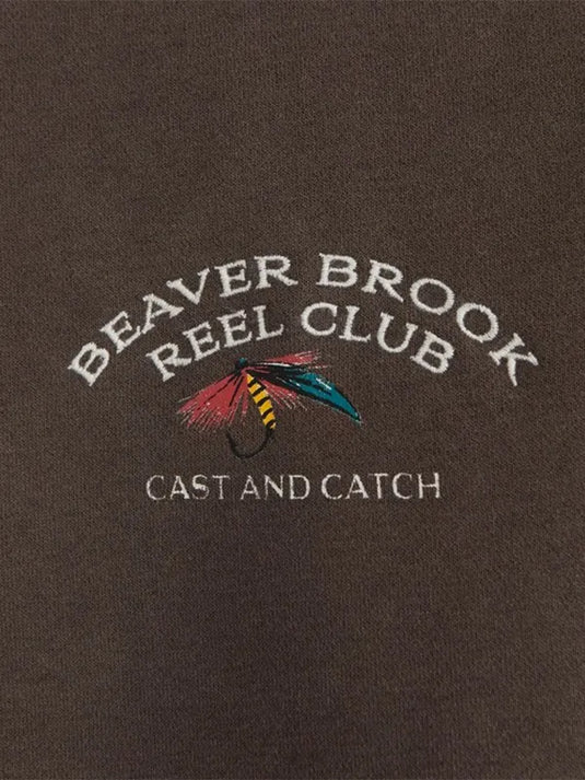 Brown Abercrombie Countryside crewneck sweatshirt showcasing Beaver Brook Reel Club artwork.