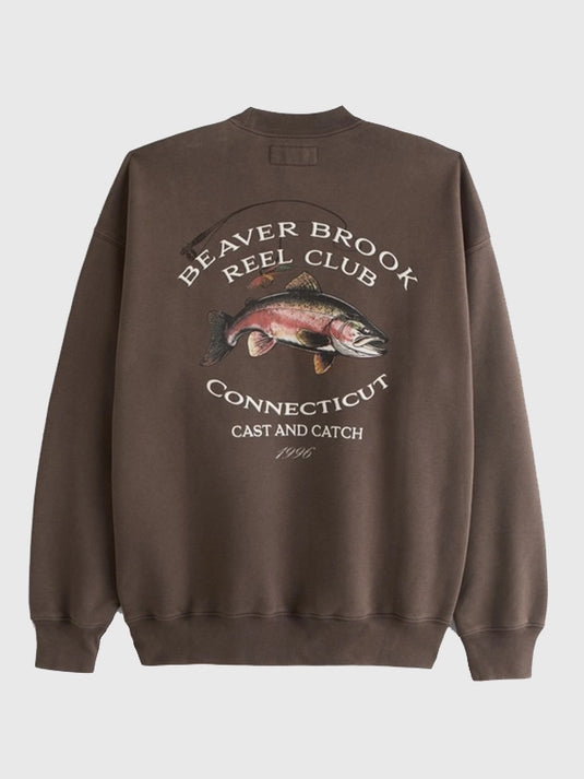 Brown crewneck sweatshirt featuring Abercrombie’s Countryside Beaver Brook Reel Club graphic.
