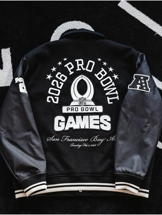 RECREATED Abercrombie 2026 Pro Bowl Games varsity jacket in black with premium wool and leather detailing