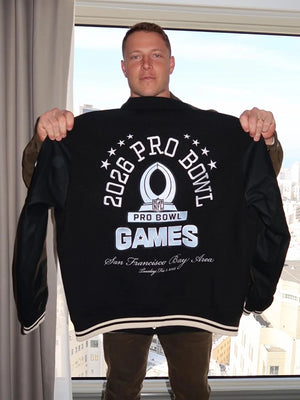 Recreated Christian McCaffrey Pro Bowl Games 2026 varsity jacket in black, featuring a structured wool body and contrasting leather sleeves.