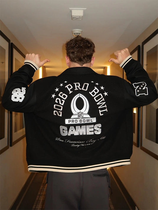 RECREATED – Abercrombie 2026 Pro Bowl Games Black Wool Varsity Jacket with Leather Sleeves&nbsp;