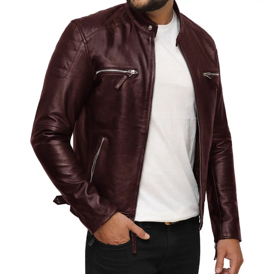 Abraham Maroon Slimfit Leather Jacket