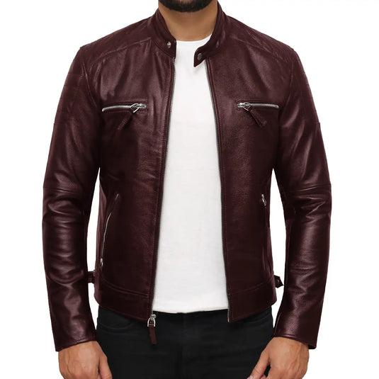 Abraham Maroon Slimfit Leather Jacket