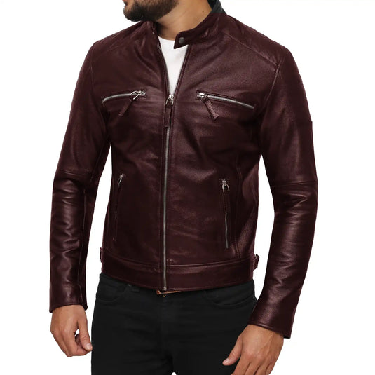 Abraham Maroon Slimfit Leather Jacket