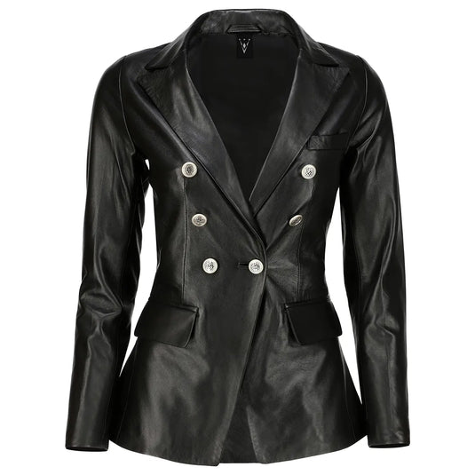 Ada Double Breasted Black Leather Blazer