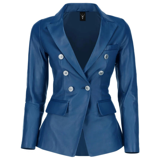 Ada Double Breasted Blue Leather Blazer