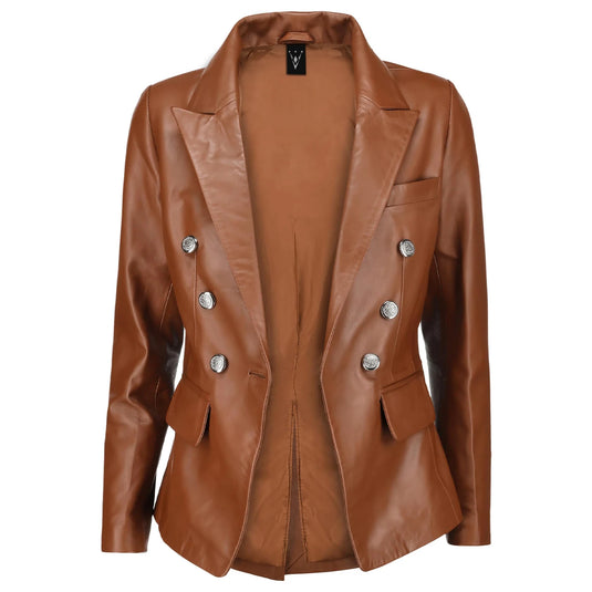 Ada Double Breasted Tan Brown Leather Blazer