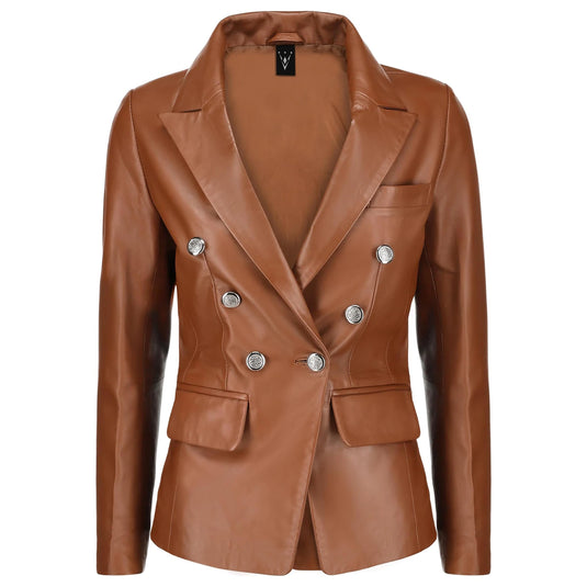 Ada Double Breasted Tan Brown Leather Blazer