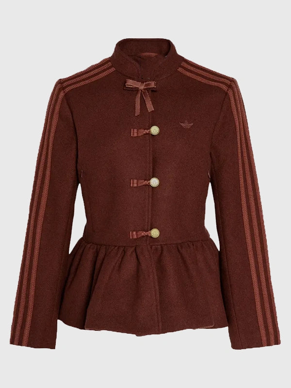 Recreated Adidas Chinese New Year 2026 peplum jacket for women in brown, featuring lightweight fabric and feminine silhouette.