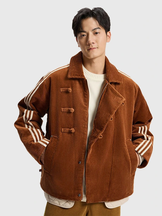 Brown corduroy padded jacket inspired by Adidas SS26 Chinese New Year design, recreated with textured outerwear style