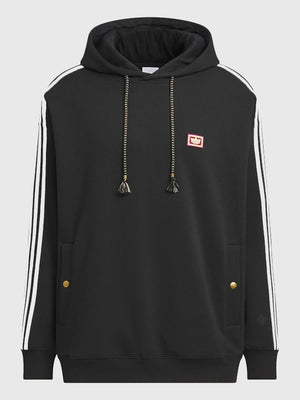 Black unisex fleece hoodie recreated from the Adidas LNY SS26 design with an easy pullover silhouette