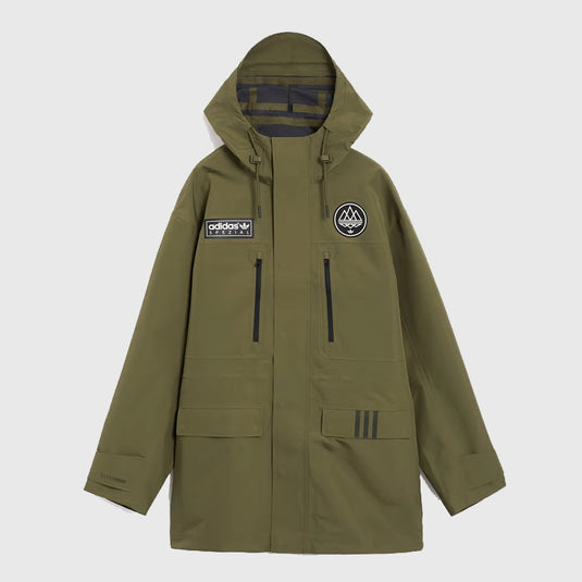 Recreation Adidas SPZL Sunnyhurst Olive Green Anorak Hooded Jacket 2025 featuring a sleek utilitarian design and durable shell.