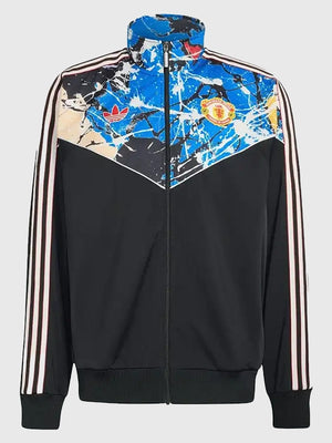 Black track jacket from Adidas recreated in unisex sizing featuring The Stone Roses x Manchester United style