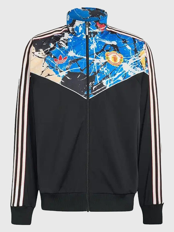 Black track jacket from Adidas recreated in unisex sizing featuring The Stone Roses x Manchester United style