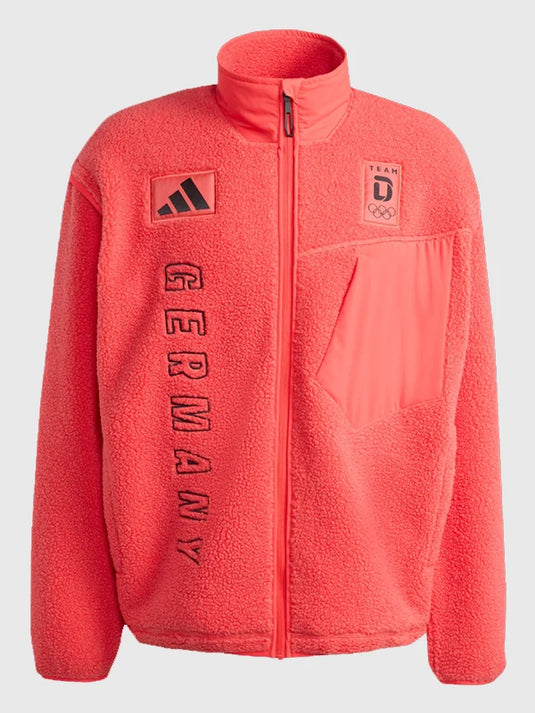 Team Germany inspired RECREATED Adidas sherpa fleece jacket in red, designed for Winter Olympics 2026 warmth and statement looks