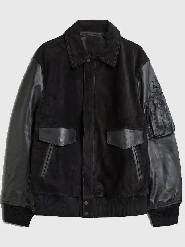 RECREATED Y-3 x Mercedes-Benz x Adidas 2026 Black Leather Racing Jacket Unisex featuring premium leather construction with a sleek motorsport-inspired silhouette