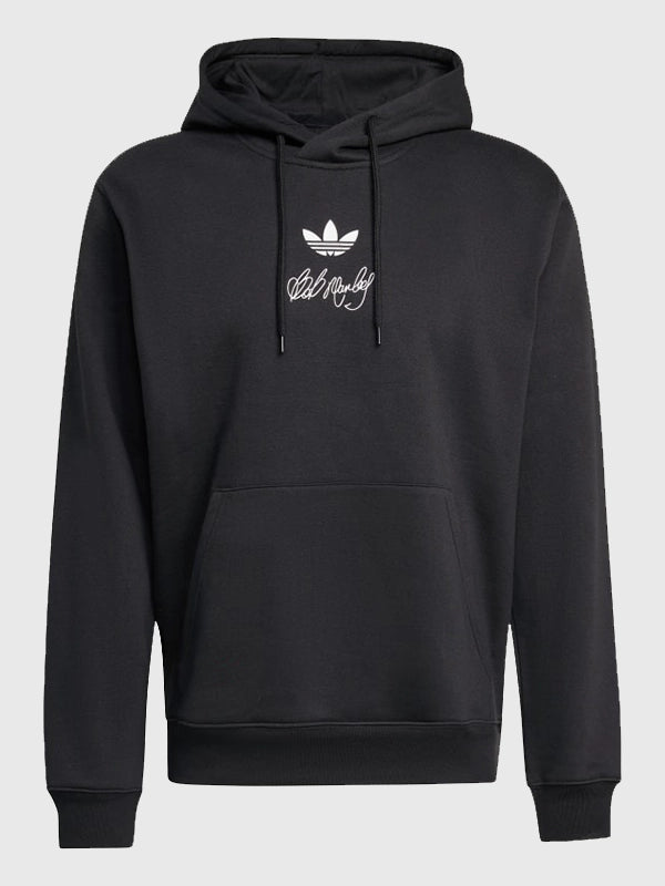 Black fleece pullover hoodie recreated from the Adidas x Bob Marley 2026 Football Is Freedom collection with bold cultural graphics and soft fleece construction.
