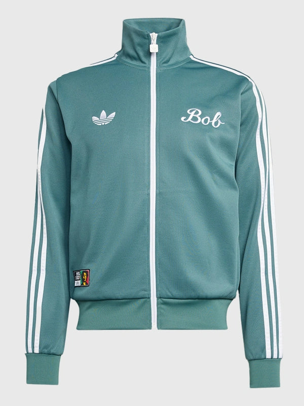 Adidas x Bob Marley 2026 green track jacket recreated with football-inspired graphics and relaxed, sporty fit designed for everyday wear.