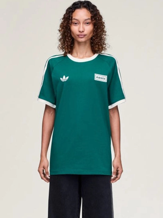 Green unisex 3-Stripes T-shirt from the Adidas x Oasis Drop 2 Tour 2025 collection with soft fabric and subtle tour styling
