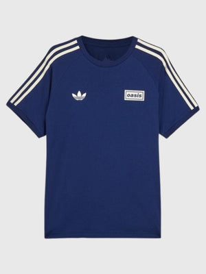 Navy blue unisex Adidas x Oasis 3-Stripes T-shirt from the 2025 Drop 2 Tour lineup with a clean everyday silhouette