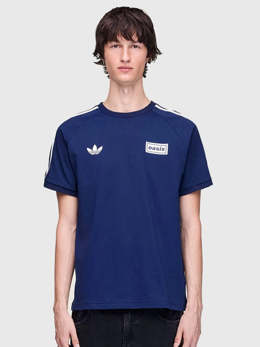 Adidas x Oasis Drop 2 Tour 2025 unisex navy blue T-shirt featuring classic 3-Stripes detailing and a clean modern fit