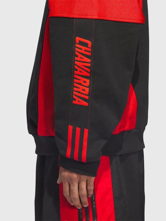 Recreated Adidas x Willy Chavarria 2025 Watsonville mockneck sweatshirt in black and red with a bold, structured silhouette