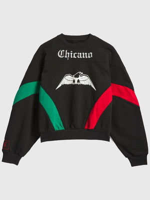 Recreation of the Adidas x Willy Chavarria 2026 Chicano women’s oversized black crew-neck sweatshirt with a relaxed streetwear silhouette