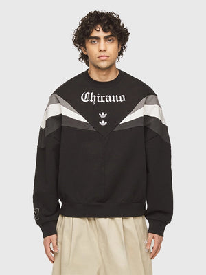 Recreated black Adidas x Willy Chavarria Chicano Crewneck 2.0 with soft fleece interior and statement graphic print