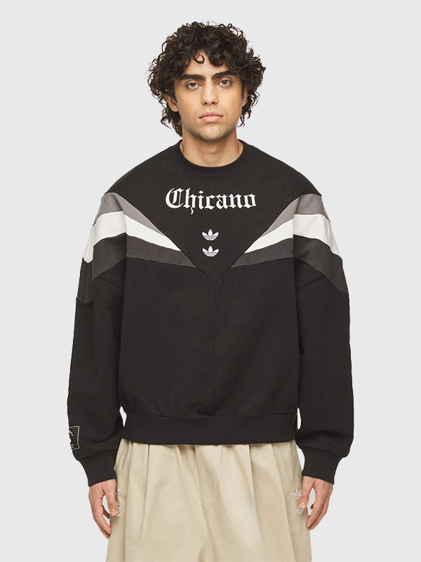 Recreated black Adidas x Willy Chavarria Chicano Crewneck 2.0 with soft fleece interior and statement graphic print