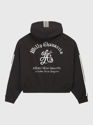 Black Adidas x Willy Chavarria LA zip-up hoodie featuring soft fleece interior and ribbed cuffs