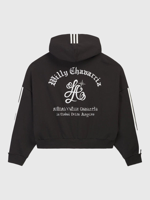 Black Adidas x Willy Chavarria LA zip-up hoodie featuring soft fleece interior and ribbed cuffs