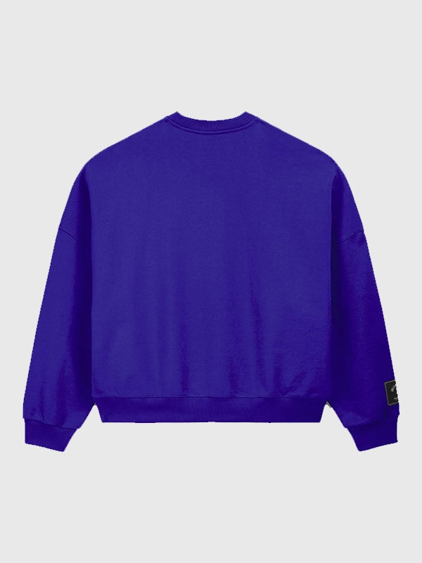 Unisex blue Adidas x Willy Chavarria Star Logo crewneck featuring ribbed collar, cuffs, and soft fleece interior