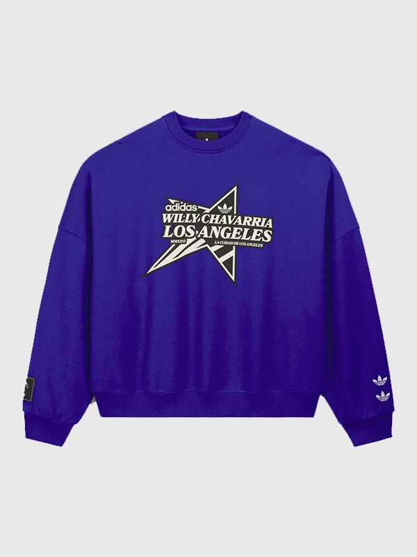 Recreated Adidas x Willy Chavarria Star Logo crewneck sweatshirt in blue with bold front emblem and relaxed unisex fit