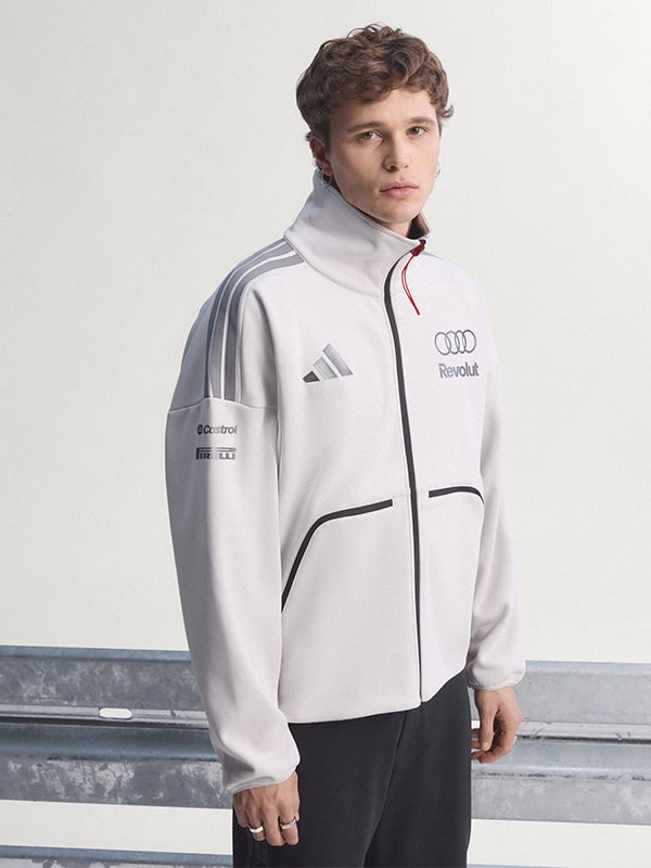 Recreated Adidas x Audi Revolut F1 Team Engineers and Marketing fleece track jacket in white with full-zip front and athletic silhouette