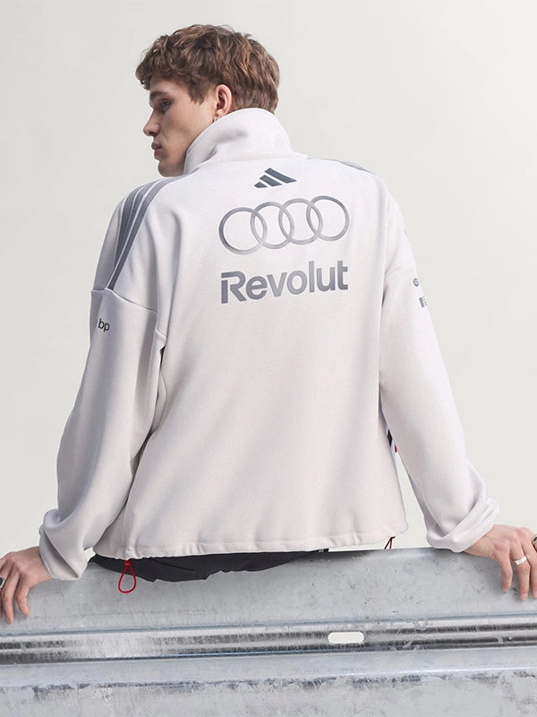 Recreated Audi Revolut F1 Team Engineers and Marketing white fleece jacket with ribbed trims and modern motorsport aesthetic