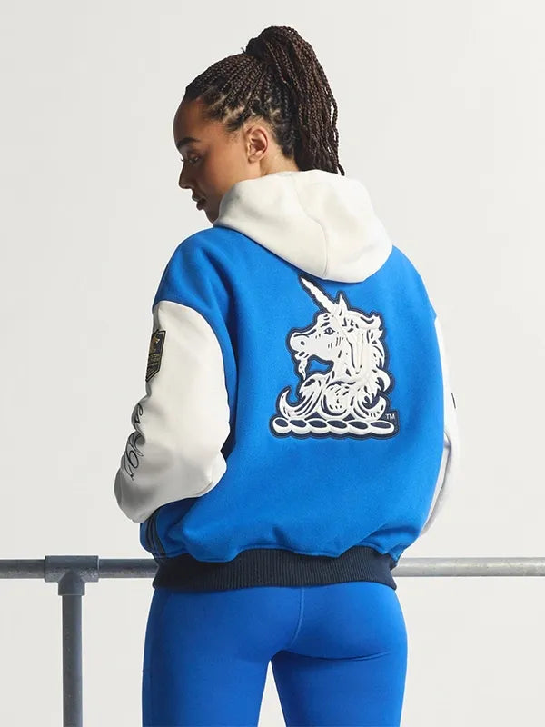 Unisex Adidas Boston Marathon 26 blue and white varsity jacket designed with wool body and traditional athletic styling