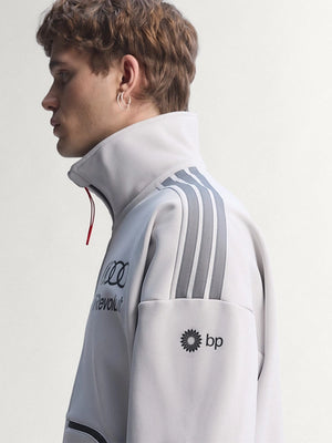 Recreated white Adidas x Audi Revolut F1 Team fleece jacket designed for everyday layering and sporty appeal