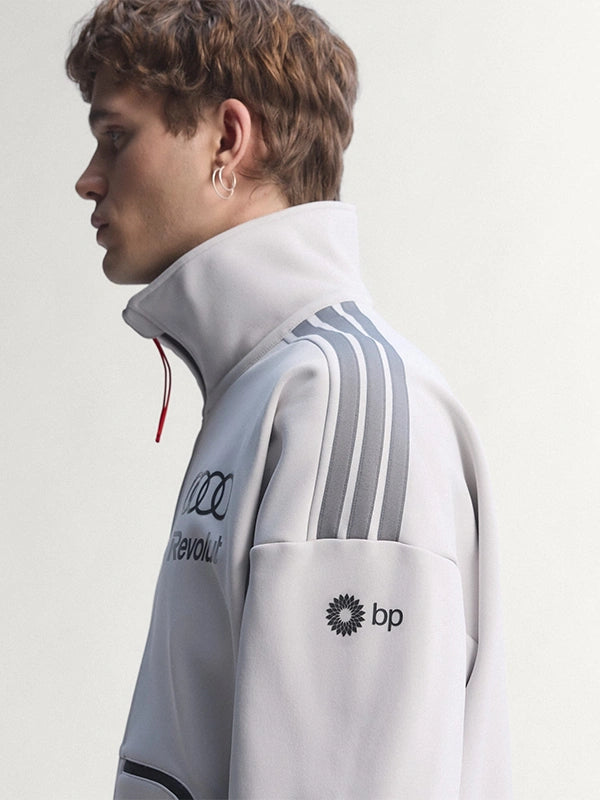 Recreated white Adidas x Audi Revolut F1 Team fleece jacket designed for everyday layering and sporty appeal