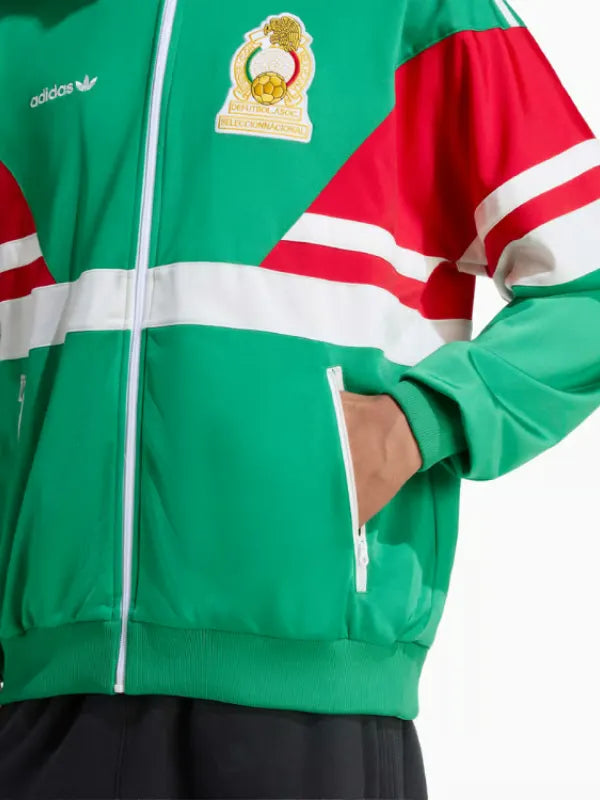 Retro-inspired green and red track jacket from Adidas Mexico 1986 World Cup collection with zip-front closure