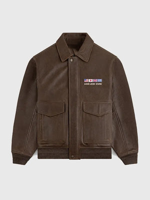 Recreated World’s Borough 2026 brown flight leather jacket inspired by Aimé Leon Dore with durable leather shell and tailored shape